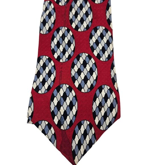 Bachrach All Silk Red Blue White Geometric Pattern Mens Necktie - Picture 2 of 8